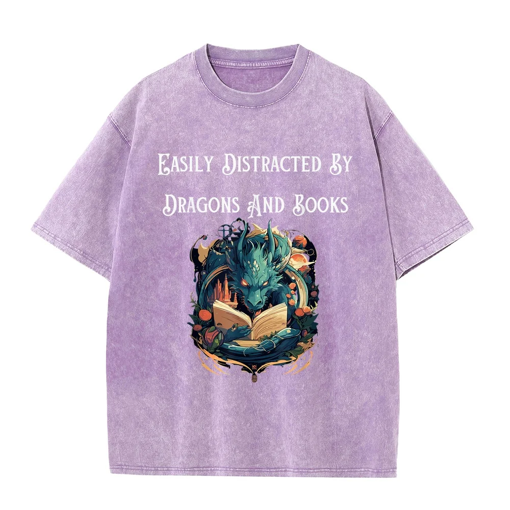 Funny Mythical Easily Distracted by Dragons and Books T-Shirt Roupas Masculinas Short Sleeved For Men Cotton T Shirt Graphic