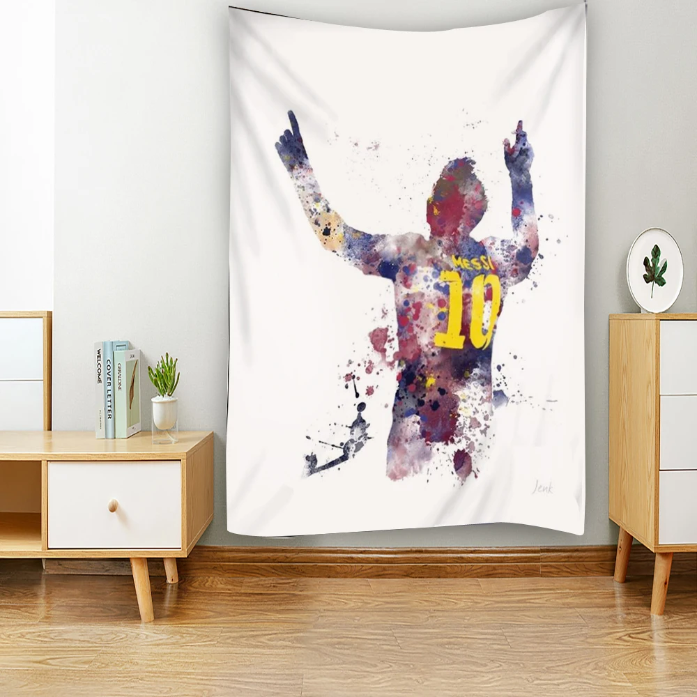 

Football players run passionately on the green field and share the joy of football with fans. Background decoration tapestry