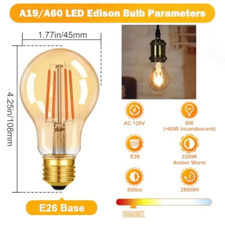 A19 Dimmable LED Edison Bulbs, 6W 60W Equivalent,2200K Amber Warm Light, E26 Base Vintage Filament Decorative Light Bulbs, 550