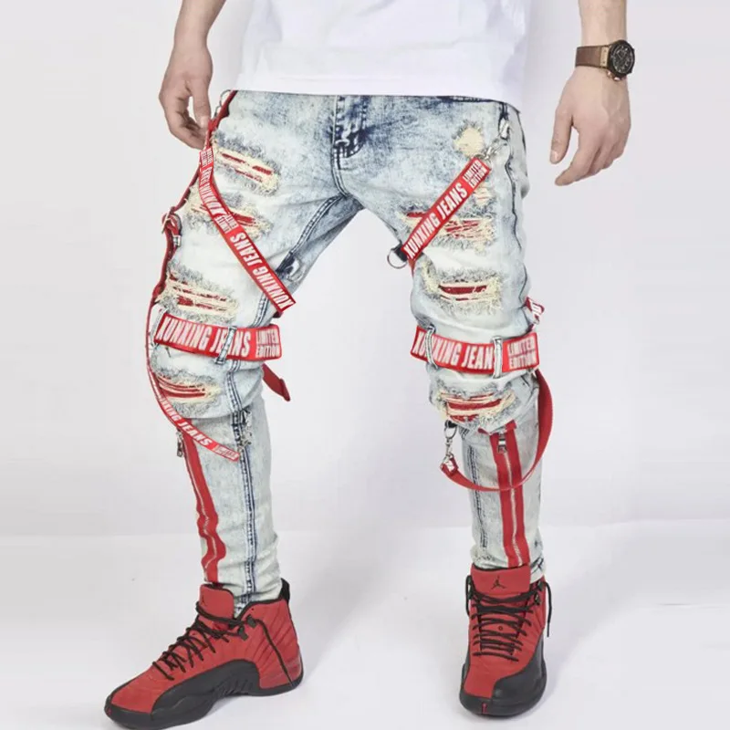 Trendy Men's Jeans with Patchwork Tapestry Hole Punching Slim Fit Zipper Casual Cotton Long Pants Metal Decoration