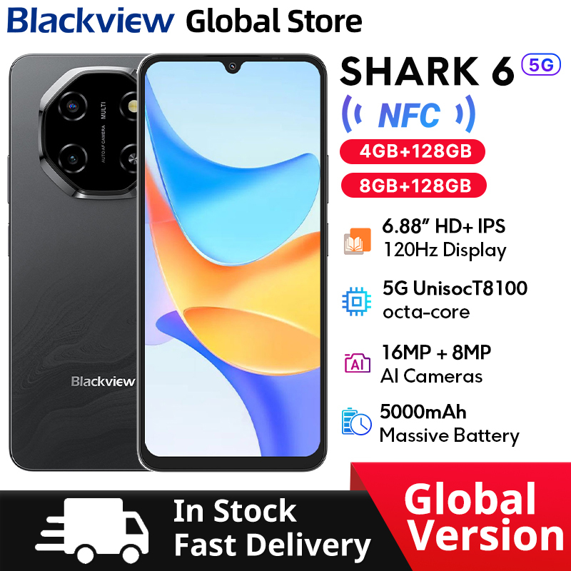  New Blackview Shark 6 Smartphone 5G 6.88-inch HD+ IPS 120Hz Display 8GB 128GB Unisoc T8100 CPU NFC 5000mAh Android 15 Cellphone 