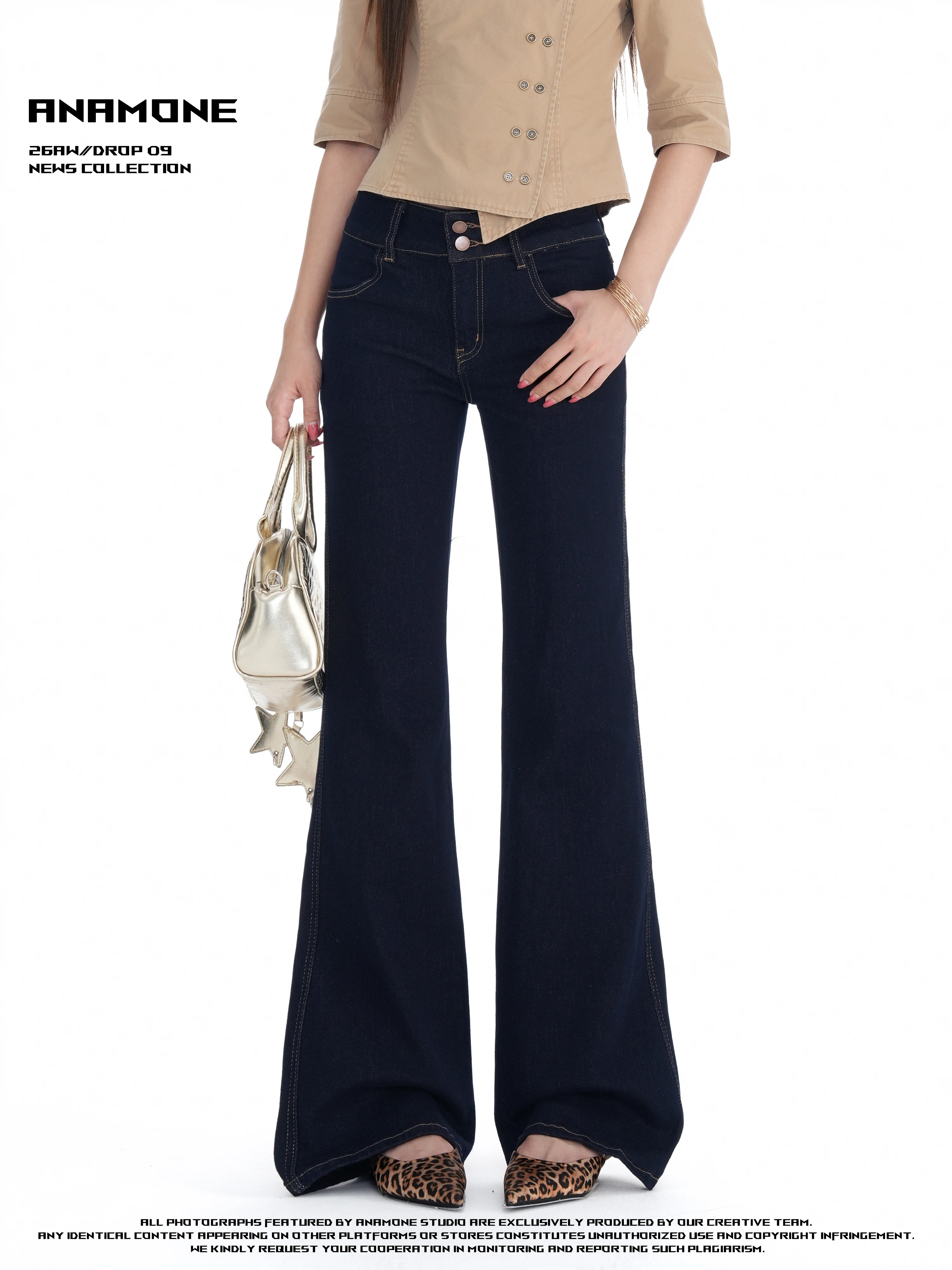 ANAMONE American Retro Double Buckle Low Waist Flared Denim Jeans Women's Design Sensation Spicy Paris Button Pants