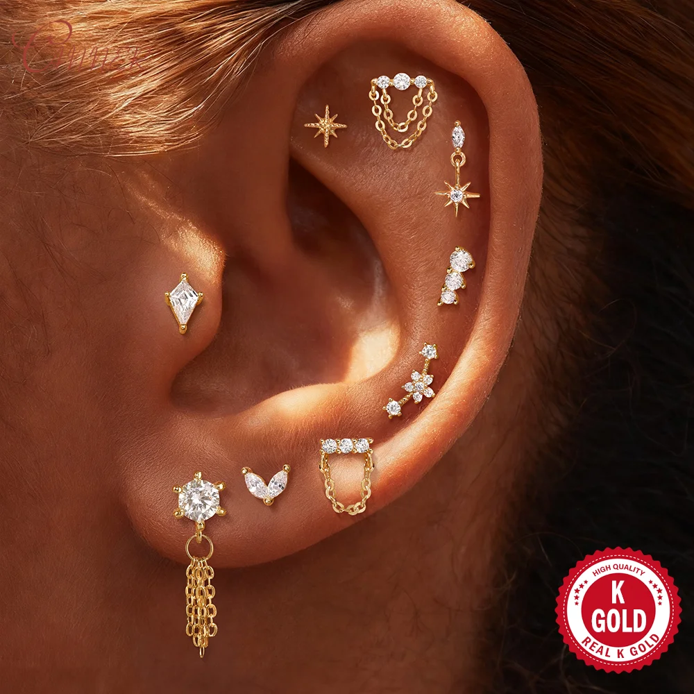 CANNER 14K Solid Gold Star Chain Tassel Piercing Earrings For Women Dainty Luxury Ear Bone Stus Valentine's Day Gifts Pendiente