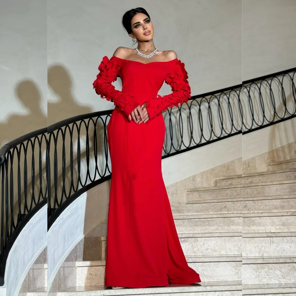 

Customized Matching Jersey Pleat Applique Trumpet Boat Neck Long Dresses Bespoke Occasion Sparkle Elegant