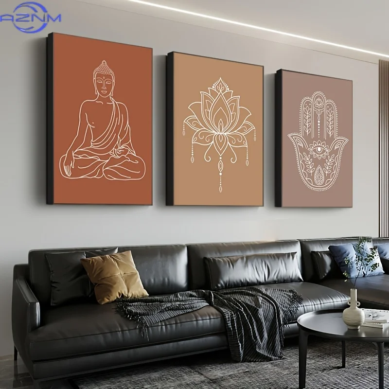 3pcs Art Deco Canvas Wall Art Set, Earth Tone Meditation Prints, Mandala Buddha Lotus Abstract Boho Posters, Religious Theme, Fr