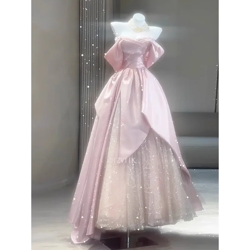 

Розовое длинное свадебное платье женское легкое роскошное атласное тюлевое плиссированное платье для выпускного вечера с открытыми плечами длиной до пола, вечернее платье трапециевидной формы, Vestido