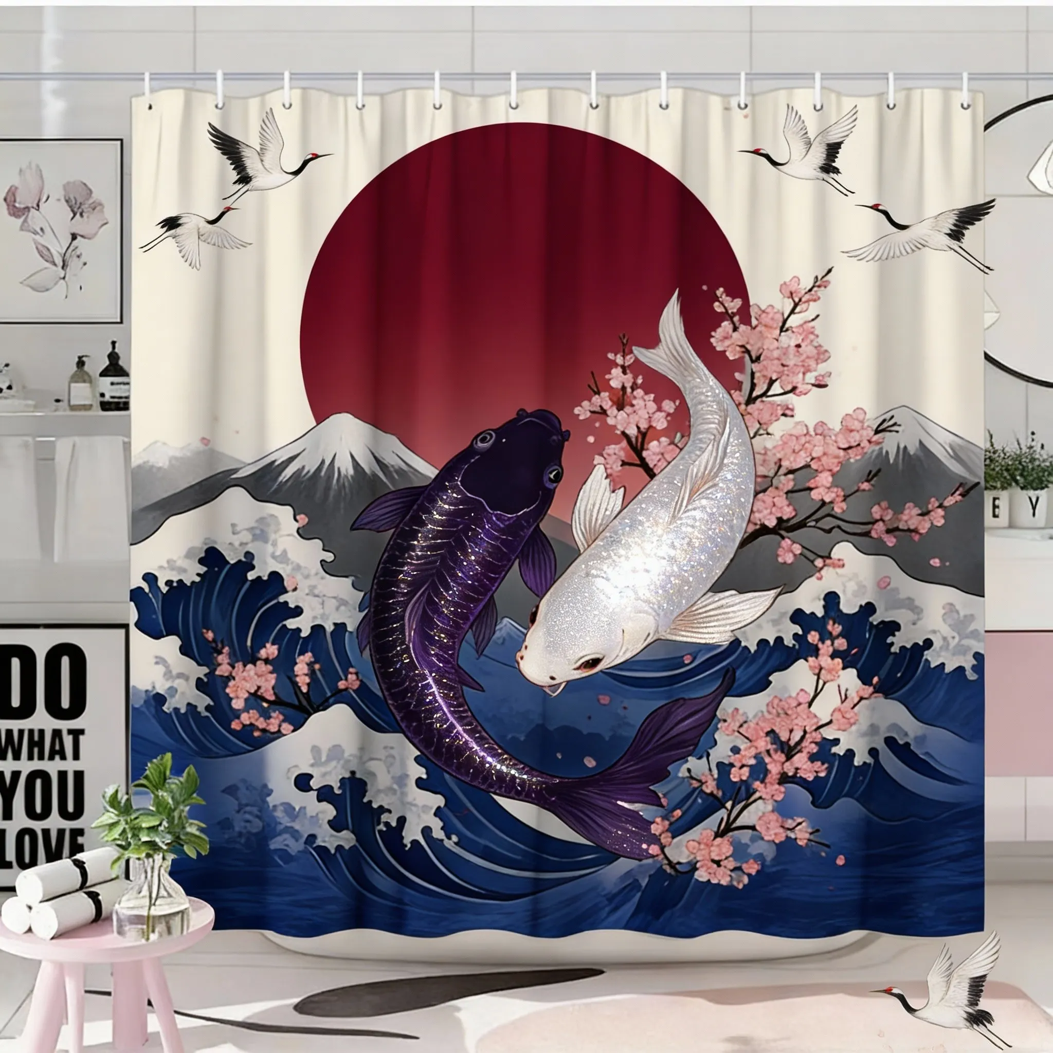 Koi Fish Shower Curtain Polyester Printed Home Decor Japanese Art Theme Interior Design Elegant Style