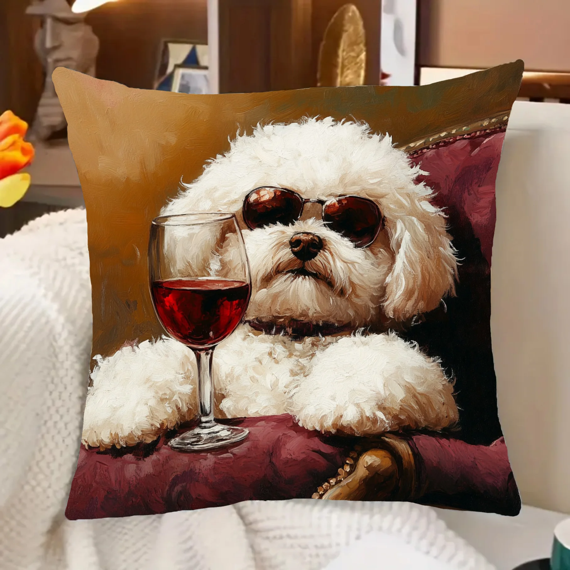 1pc Bichon Frise with Sunglasses and Red Wine Throw Pillow Cover,Suitable for Sofa,Bedroom,Living Room,a Fun Gift for Dog Lovers
