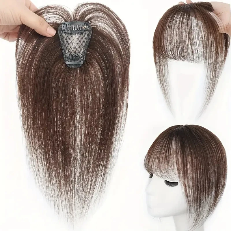 قطعة شعر نسائية مستقيمة ذات مظهر طبيعي، مشبك شعر بشري حقيقي في غرة، خافي عيوب البشرة، خفيف الوزن وجيد التهوية