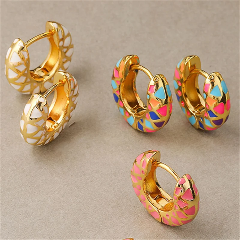 HECHENG,Colorful Enamel Geometric Round Circle Hoop Earrings for Women Vintage Ear Buckle Huggie Earring Statement Jewelry