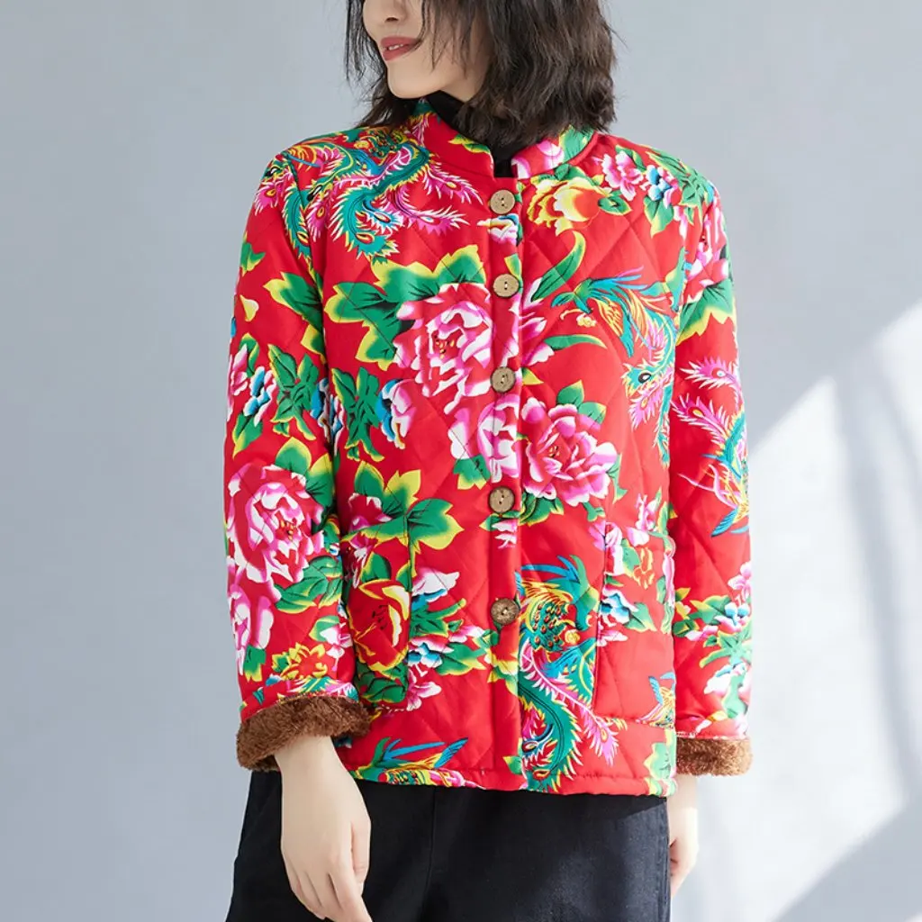 

Women's Fleece-Lined Padded Cotton Top Ethnic Style Printed Winter New Northeast Flower Small Collar Neck Protection
