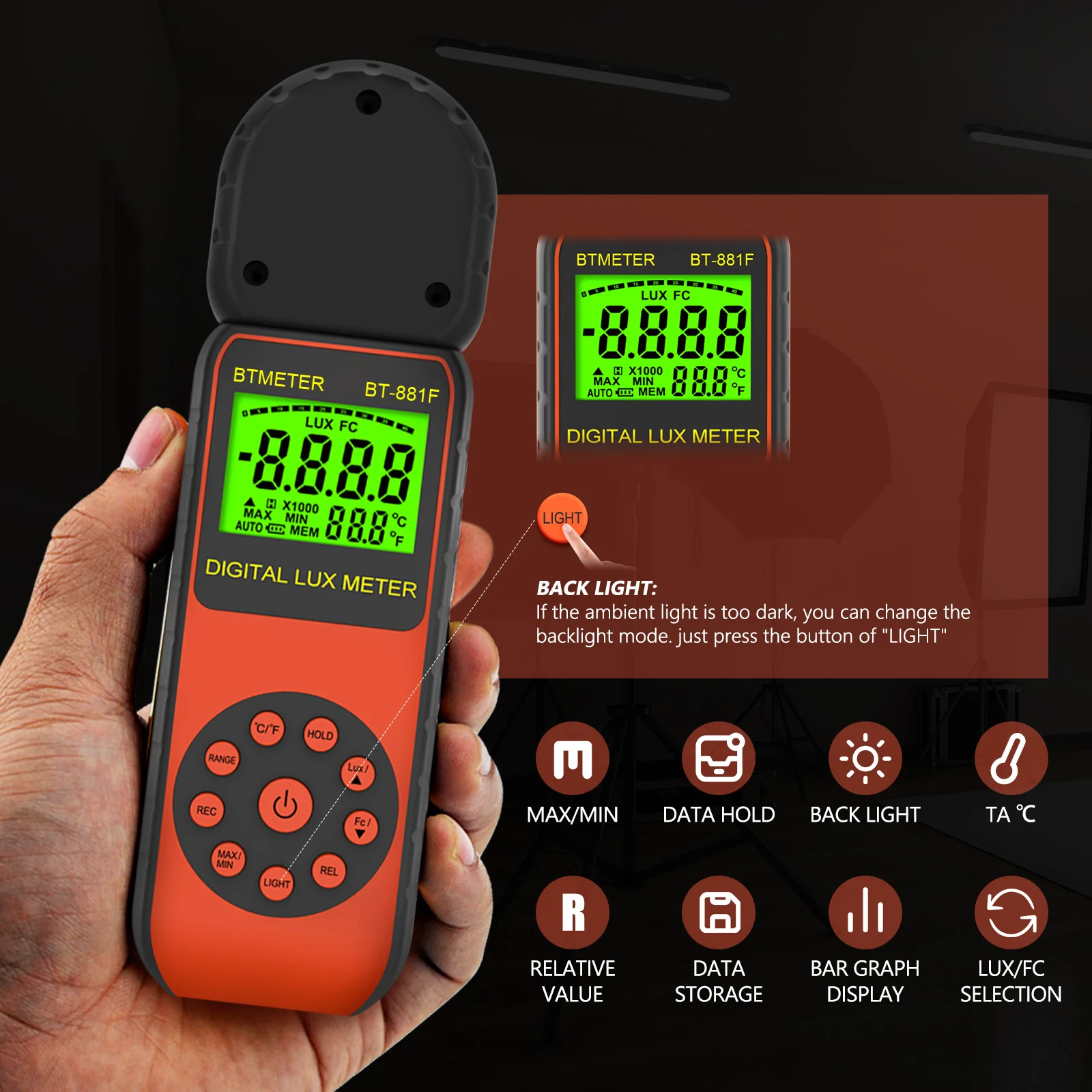 Light Meter Illuminance Meter BT-881F Measure Light Max Value Display 3999(Ranges:1-400,000Lux) 270º Rotated Sensor Data Storage