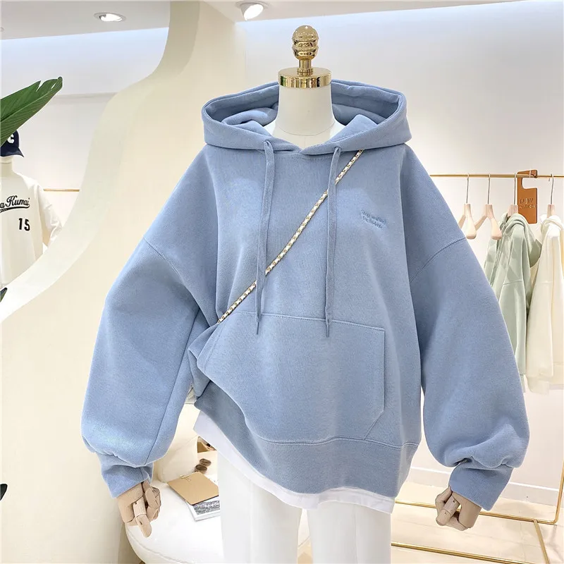 Women\'s Fresh Mint Green Plush Pullover 2023 Autumn/Winter New Ladies Spliced Letter Embroidery Thickened Loose Hooded Sweater