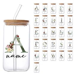 Custom name Alphabet Flowers Drinking Glass Letter A-Z Iced Coffee Water Bottle Portable Clear Cup with Lid Straw Birthday Gifts