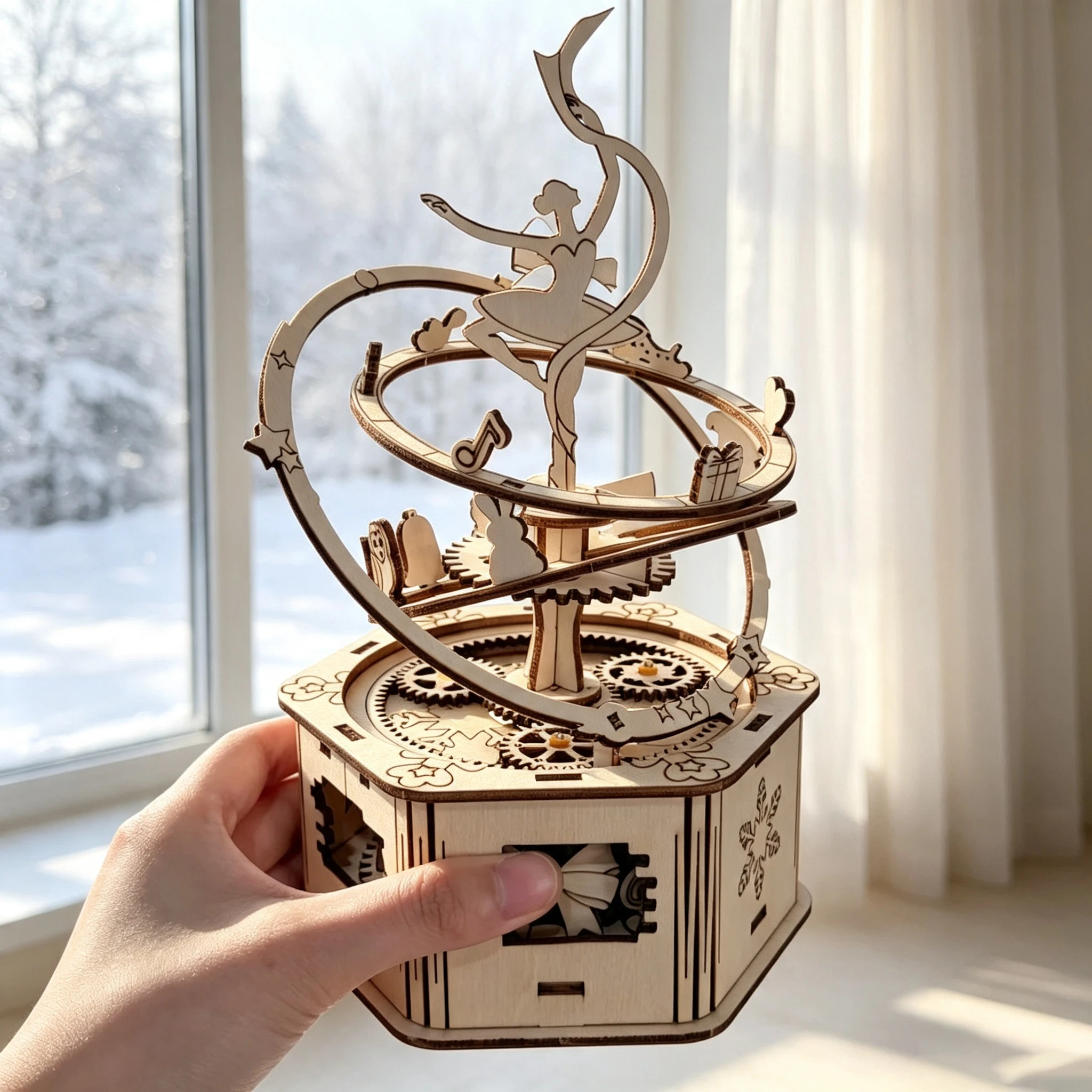 DIY Ballerina Rotating Gear Music Box 3D Wooden Puzzle Kit