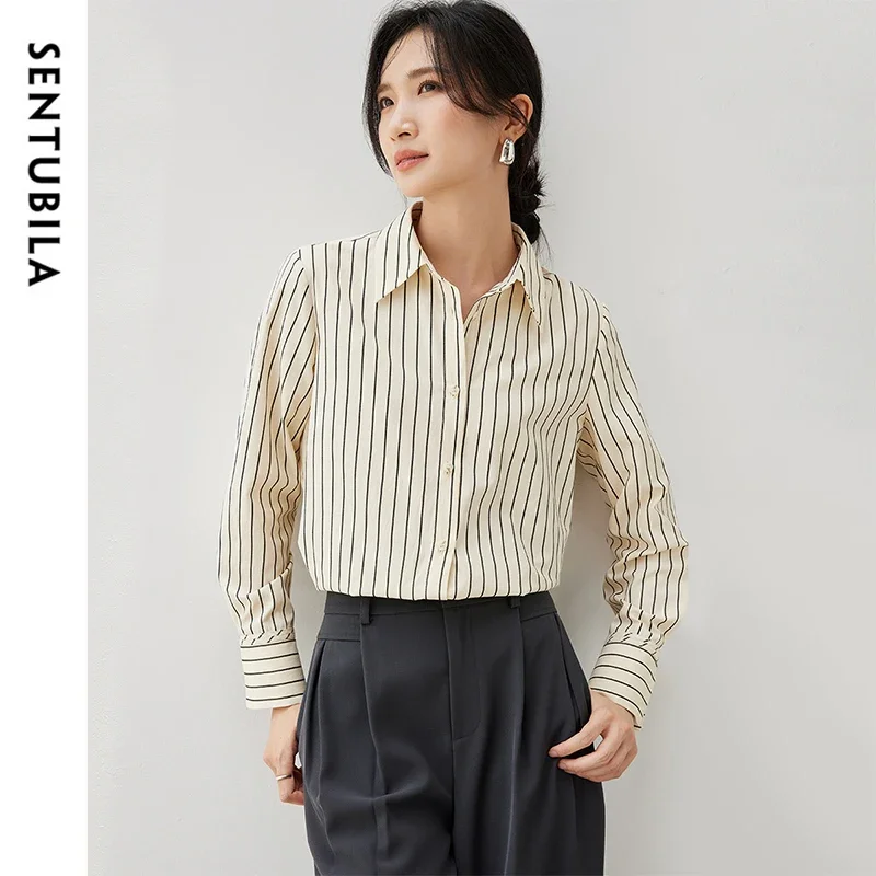SENTUBILA Casual Striped Shirt Women 2025 Autumn Fall Wool Knit Shawl Comfort Long Sleeve Tops for Woman Clothing 143C56803