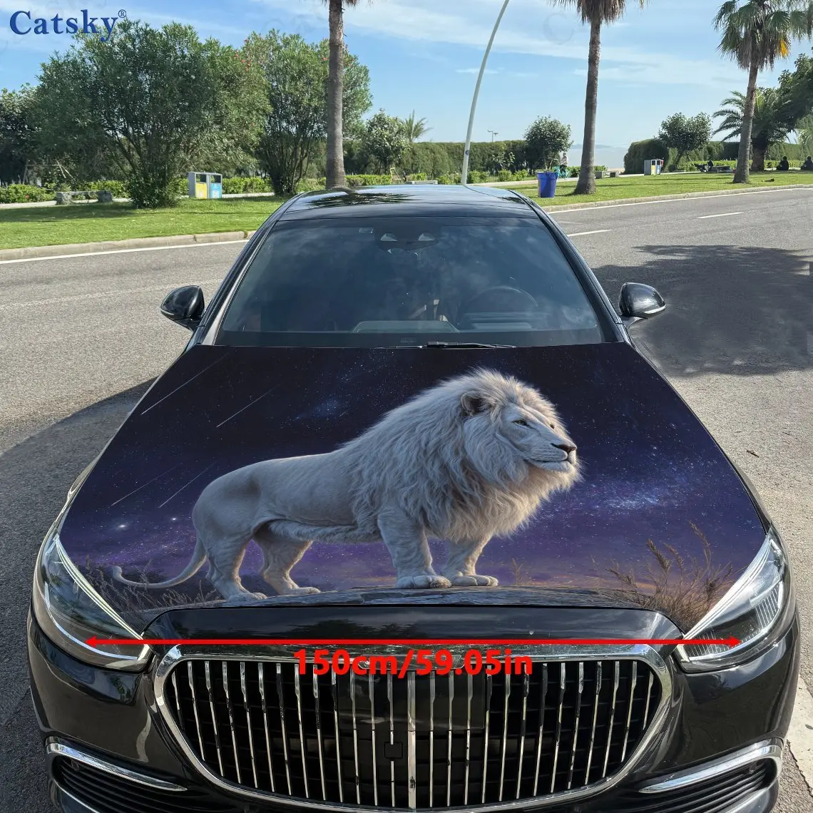White Lion on a Starry Background Car Hood Vinyl Wrap - Waterproof, Self-Adhesive, Surface Protection Decal Sticker For Auto Eng