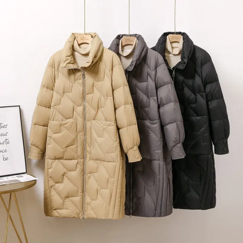 

Down Jacket Women's Winter New Fashion Collar Oblique Plaid Warm White Duck Down Long Section Knee Thickened Winter Coat Female