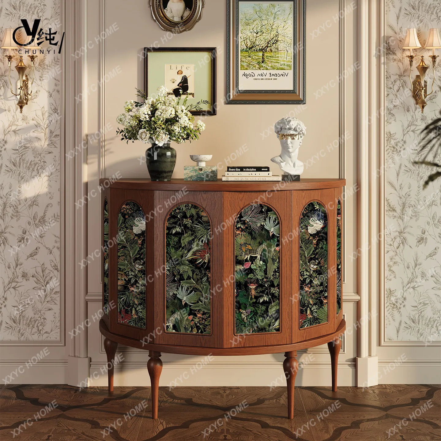 Retro solid wood porch cabinet, antique hexagonal cabinet, semicircular living room entrance decoration cabinet in the foyer