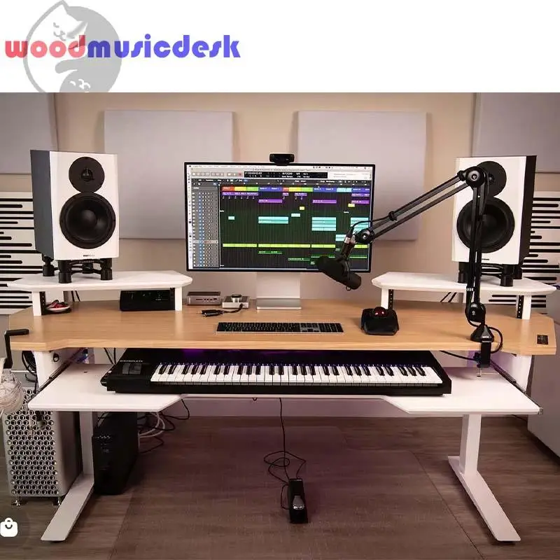 Electric Height Adjustable Desk Solid Wood Keyboard Table Recording Studio Workstation Mixing Console