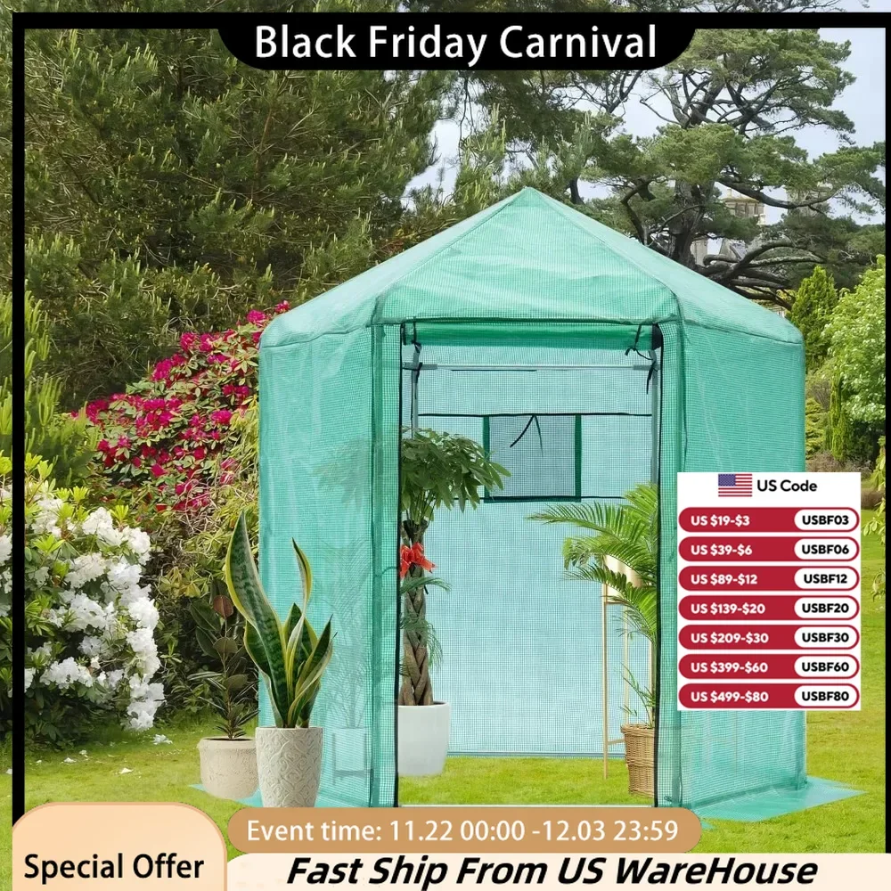 Outdoor Greenhouse, Hexagonal Portable Greenhouse with 180g PE Hood and Zipper with Outdoor Mesh Window, 7x7.3 Ft