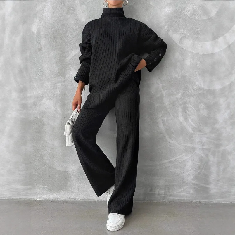 الخريف الشتاء 2 قطع النساء مجموعات محبوك رياضية 2025 جديد الياقة المدورة البلوز القمم واسعة الساق الركض بانت الدعاوى ملابس غير رسمية