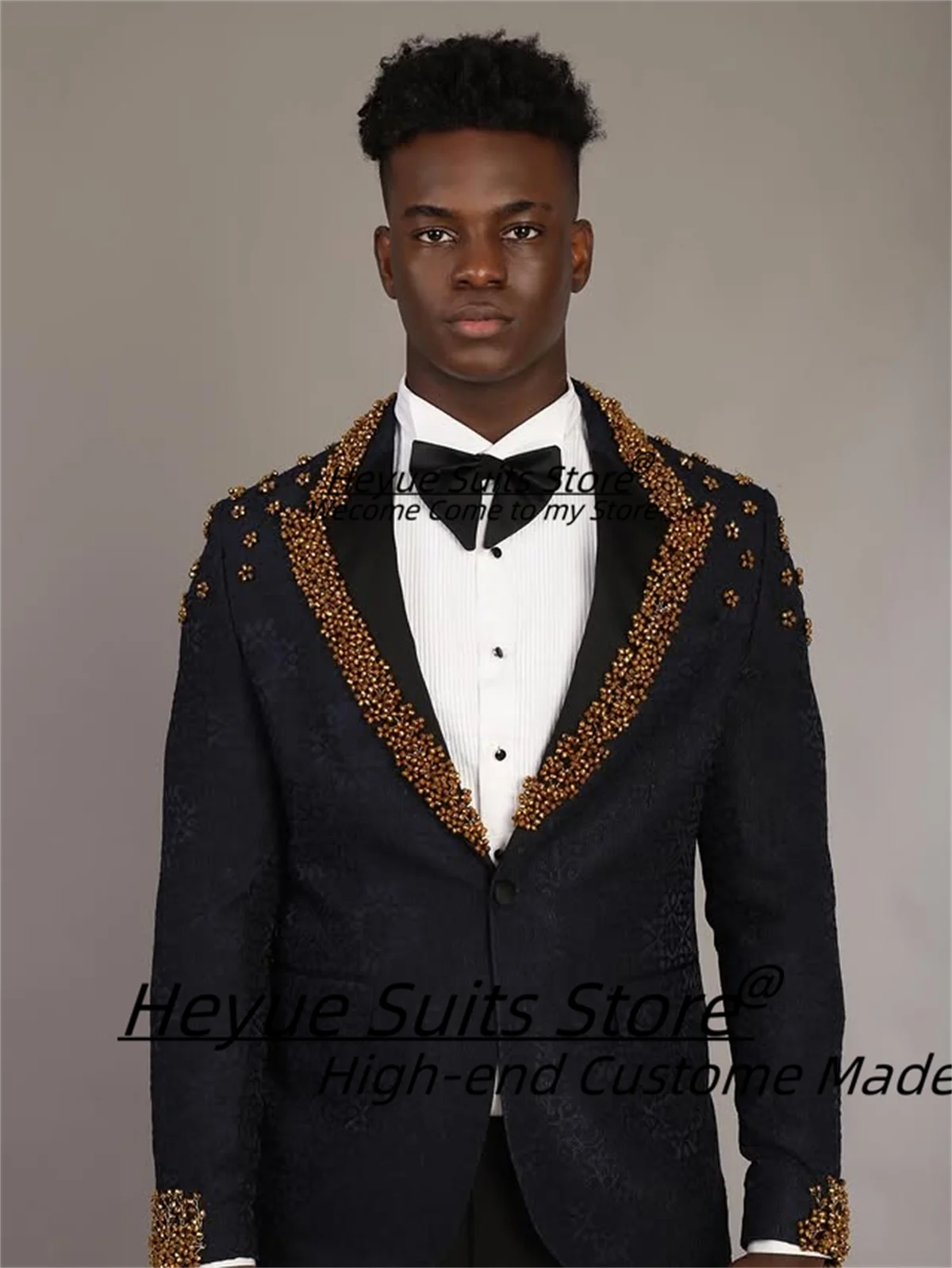 

Handsome Black Jacquard Wedding 2 Pieces Sets Customized Slim Fit Magnificent Beadwork Groom Prom Tuxedos trajes para hombre