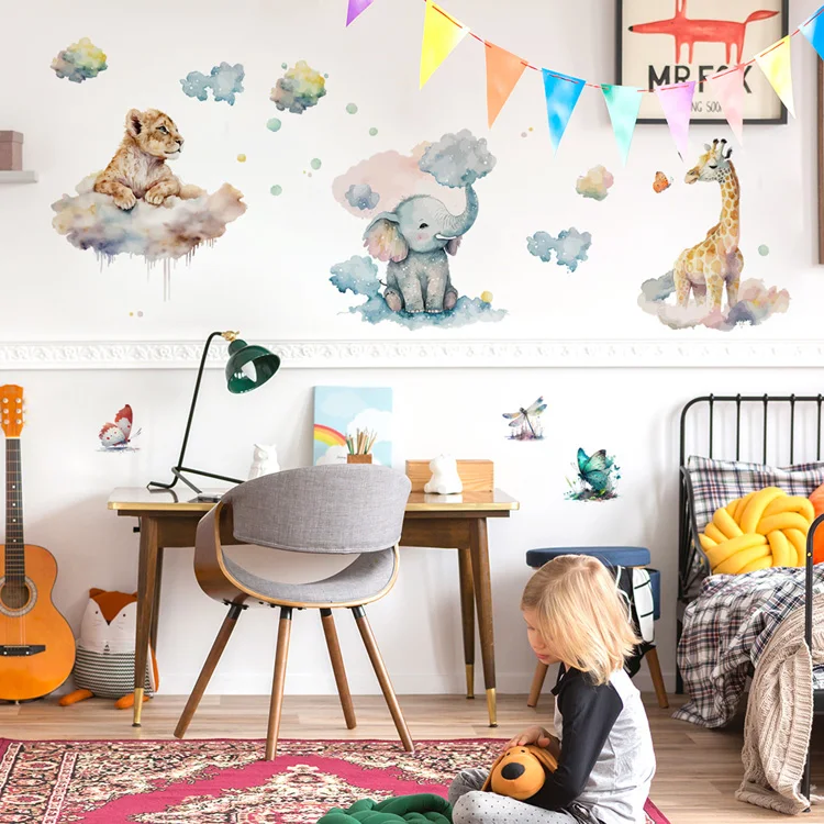 Wasserfarben-Wandaufkleber Elefant Giraffe Tiger für Kinderzimmerdekoration Wandbild Kinderzimmerdekor Cartoon-Tiere Selbstklebende Aufkleber – Detail 6