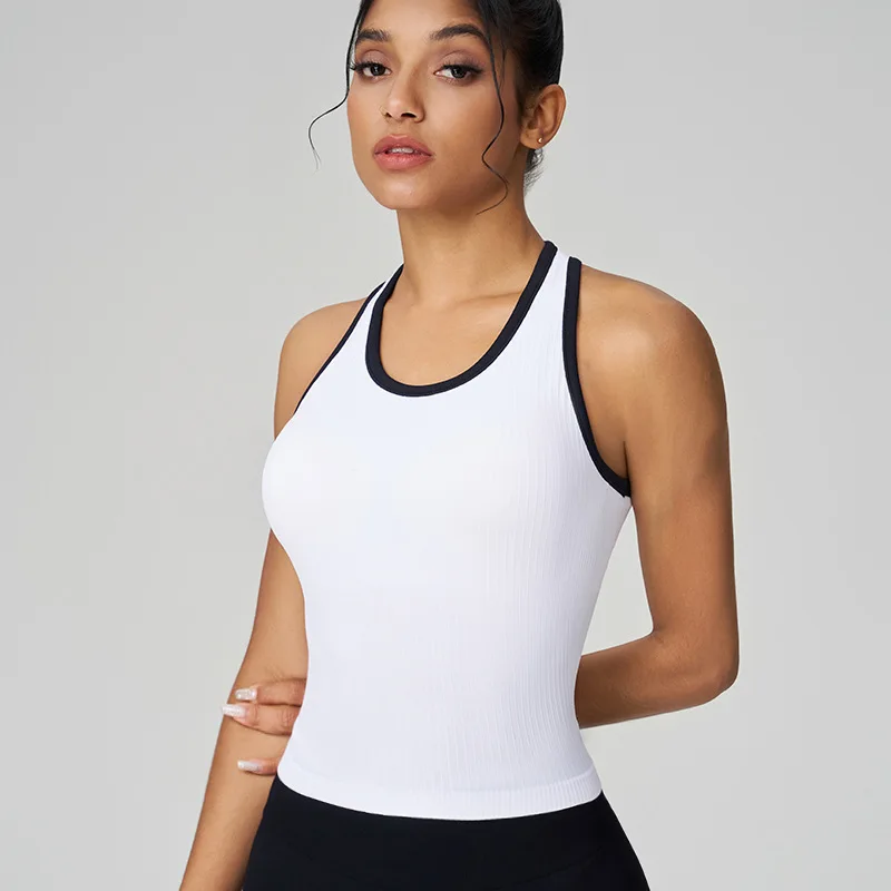 

Женский топ для йоги со встроенным бюстгальтером, впитывающий пот, дышащий спортивный жилет с широкими бретелями и цветными блоками