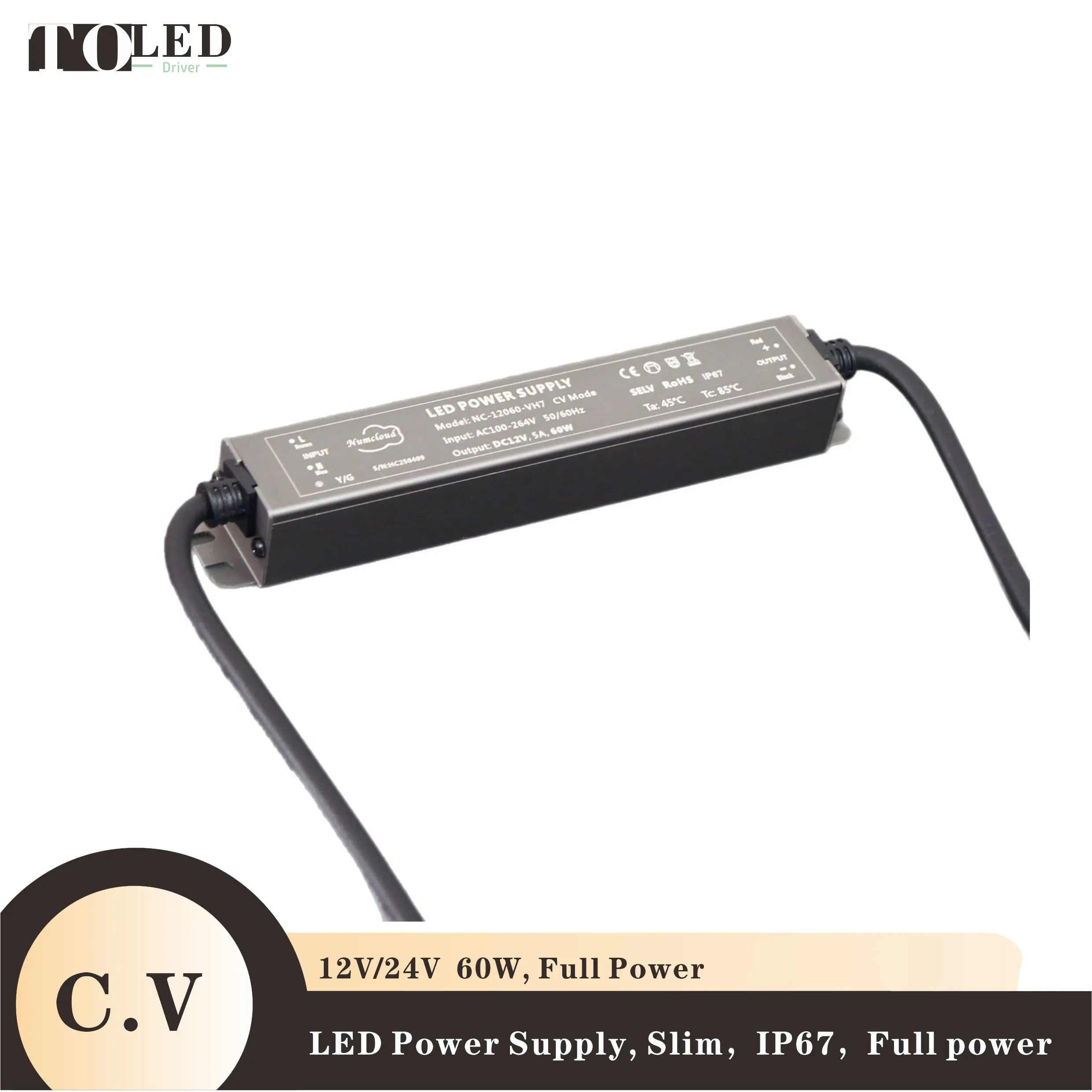 C.V DC12V/24V 60W slim LED driver switching power supply lighting transformer waterproof IP67 universal AC100-265V