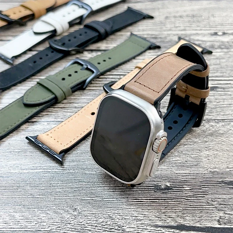 Apple Watch用シリコンとレザーストラップ,iwatchシリーズ5,6,se,7,8,9,10 ultra,44mm, 40mm, 45mm, 41mm 46mm、42mm、49mm