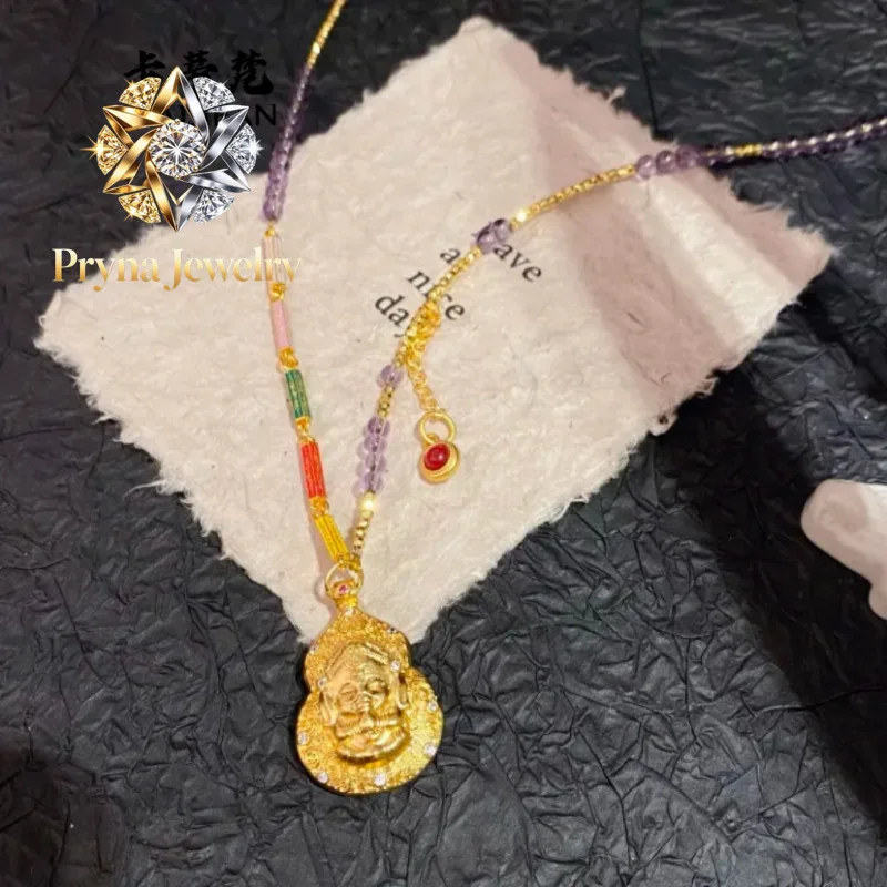 Pryna Jewelry  Light luxury fashion 999 24K real gold elephant god pendant scripture amethyst sweater chain women's long necklac