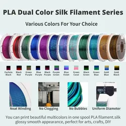 Two Colors PLA Silk Filament 1kg 1.75mm Bundle, Dual Color Filament, Coextrusion 3D Filament, Silk PLA Color Change Every Inch