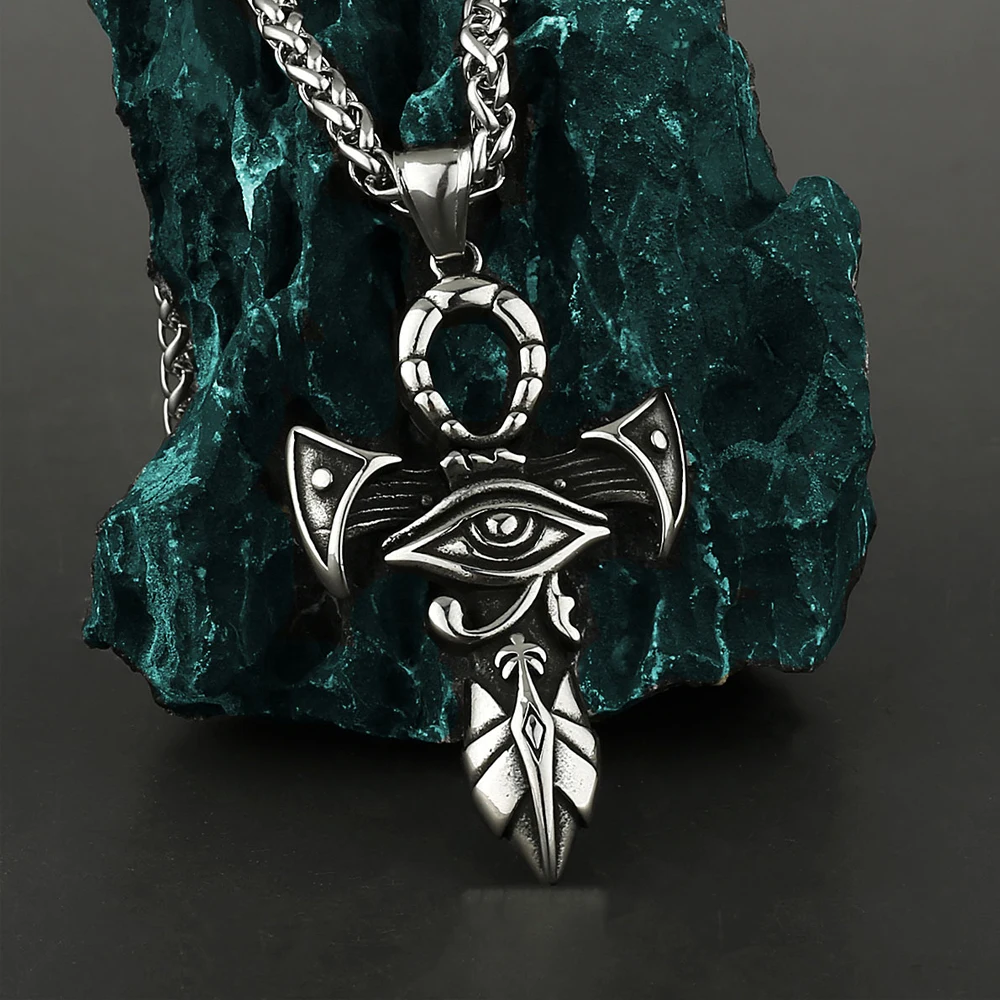 Fashion Men Vintage Ancient Egyptian Patronus Eye of Horus Necklace Pendant Stainless Steel Cross Necklace Amulet Jewelry