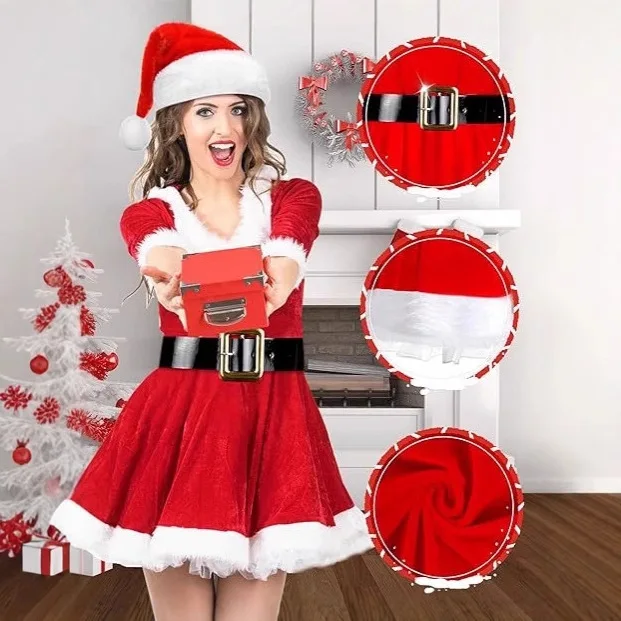 Kerst Volwassen Vrouwen Kostuum Kerstman Outfit Vakantie Feestjurk, Prestaties Kerstman Show Pak voor evenementen