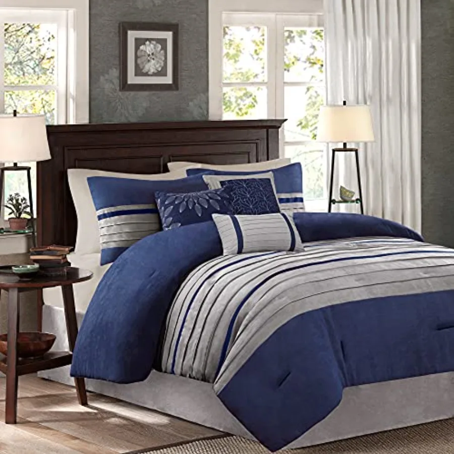 

King Size All Season Down Alternative Bedding Set with Luxury Faux Suede Striped Accent Blue 7 Piece Includes Matching Shams De