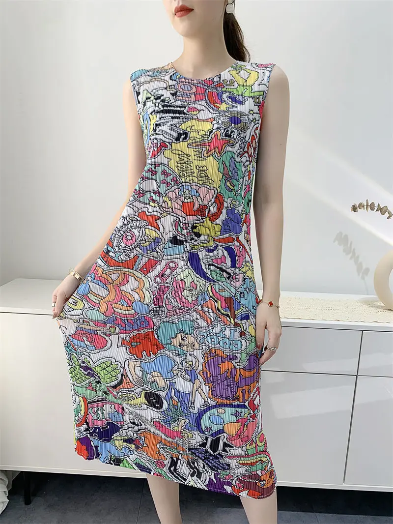 Pleated Dress Tank Top Skirt Women's 2023 Summer New Print Pleated Skirt Mid length  dresses for women 2023
