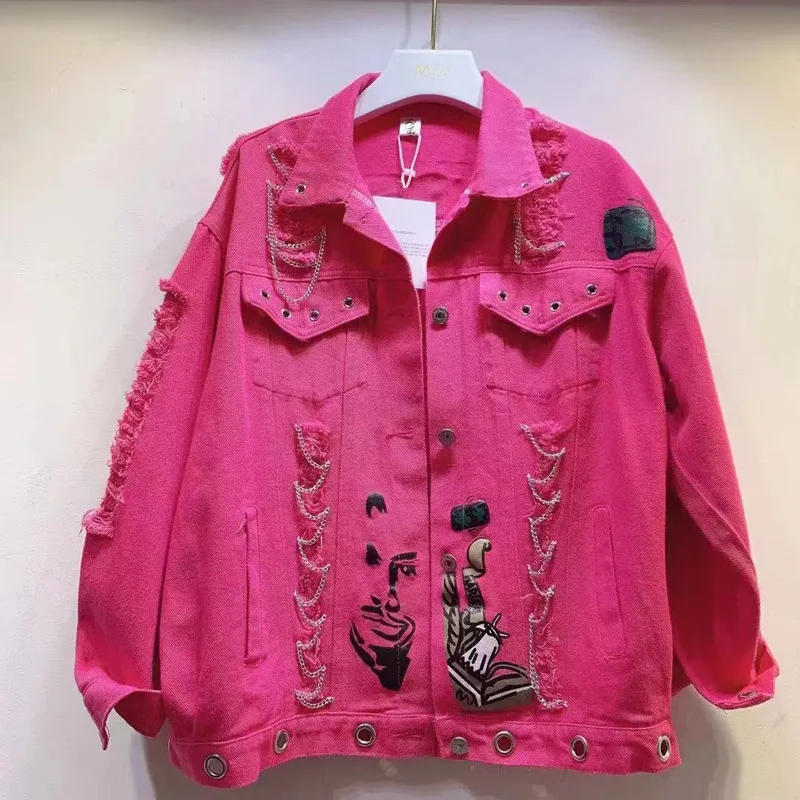 2023 Spring And Autumn New Heavy Industry Female Ripped Chain Washed Denim Alphabet Graffiti Print Jacket Personality Jeans Coat