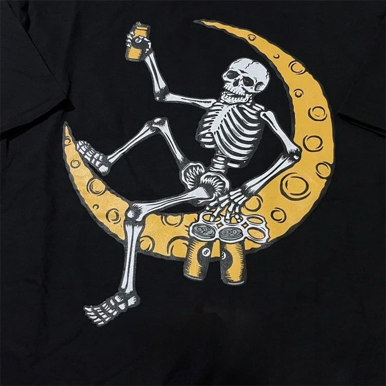 تي شيرت Ample Rétro Americain Skull Crescent Pour Hommes Et Femmes، Impression En Pur Coton