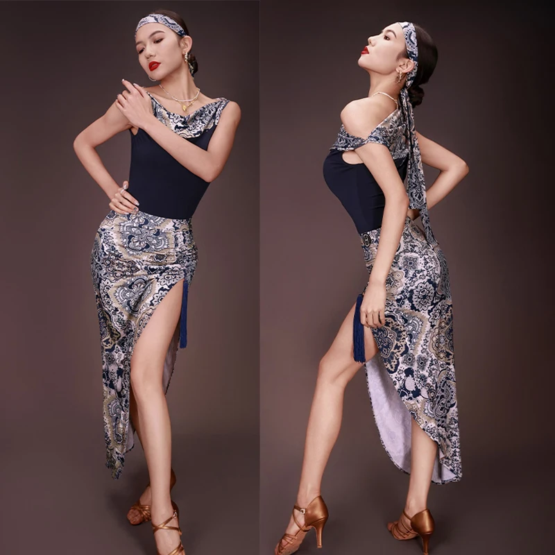 

2025 Latin Dance Performance Costumes For Women Printing Tops Split Long Skirts Suit Adult Female Latin Dance Clothing DQS19913