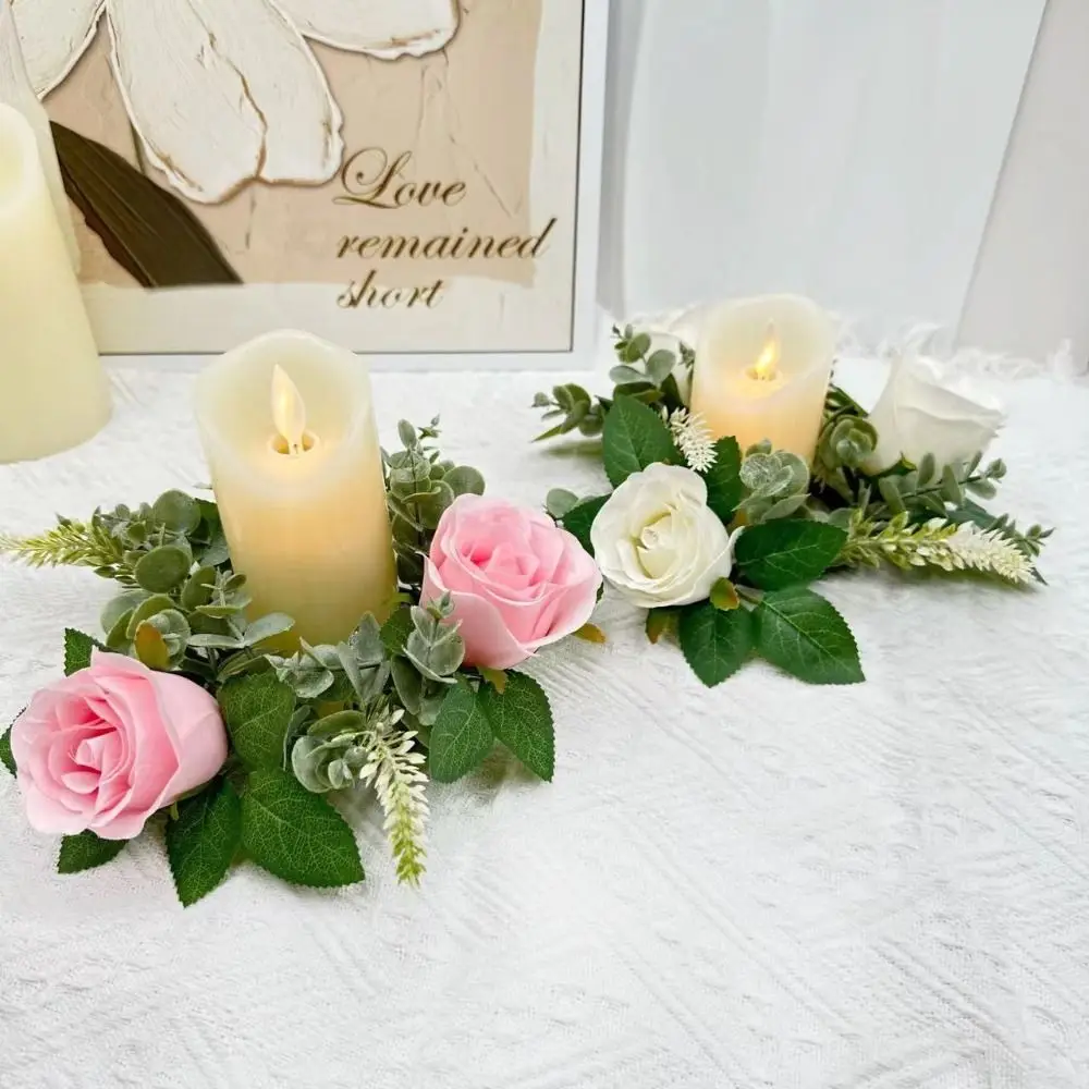 Desktop Decoration Artificial Flower Rose Candlestick Exquisite Romantic Wreath Ring Simulated Fake Candle Holder Gift