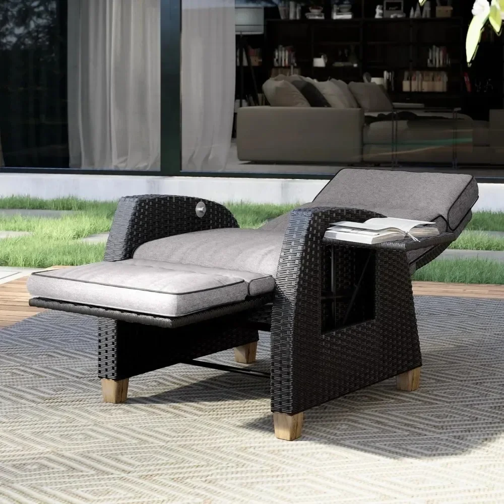 

Grand patio Outdoor Recliner Chair Patio 150° Lay Flat Recliner with Flip Table Wicker Reclining Lounge Chair Cool Grey