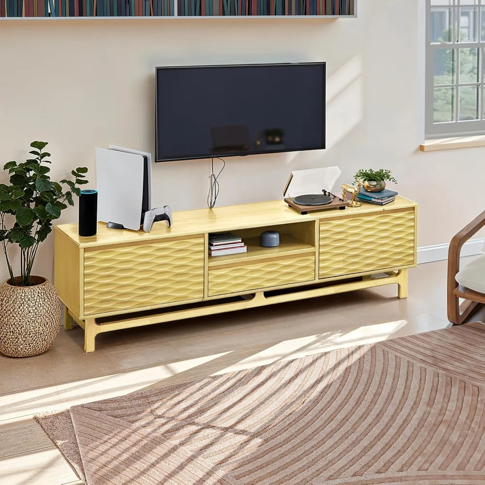 Mid Century Modern Acacia Elara Wood TV Stand for 75+ Inch TVs with Storage and Cable Management