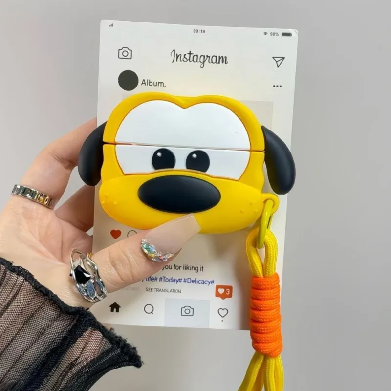 Funda de silicona con dibujos animados de Disney Pluto 3D para AirPods con cordón trenzado, funda bonita a prueba de golpes para AirPods 3 4 Pro 2 Pro 3