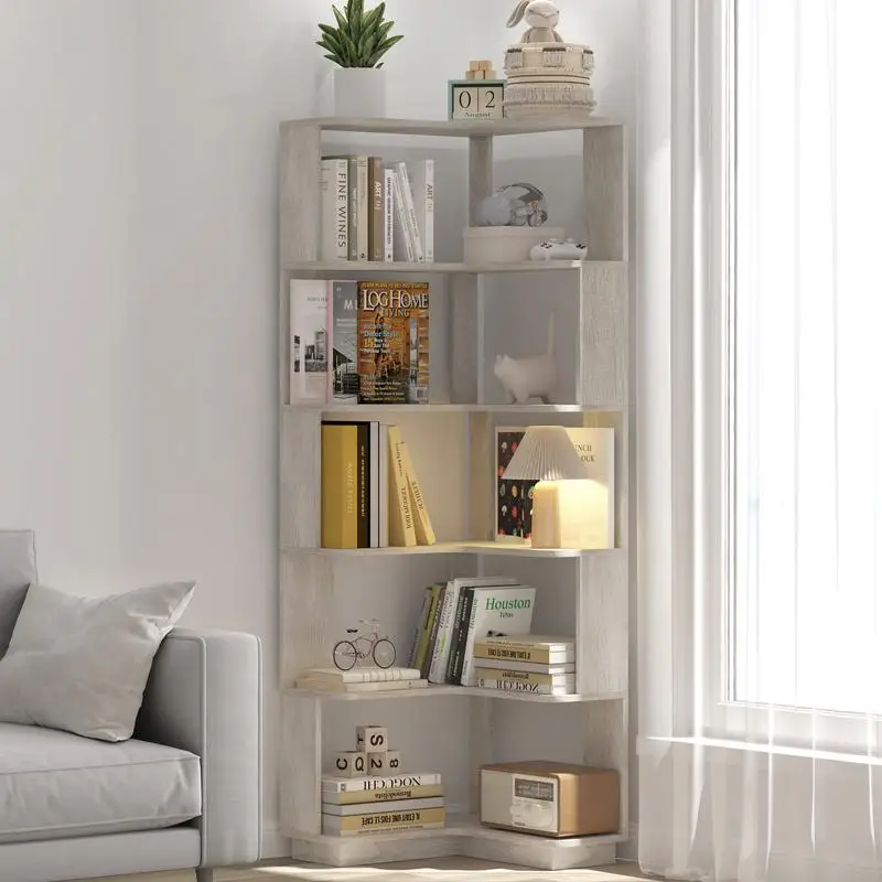 

6-Tier L-Shaped Corner Bookshelf, Freestanding Wooden Bookcase with Anti-Tip Device, Open Storage Rack for Living Room &