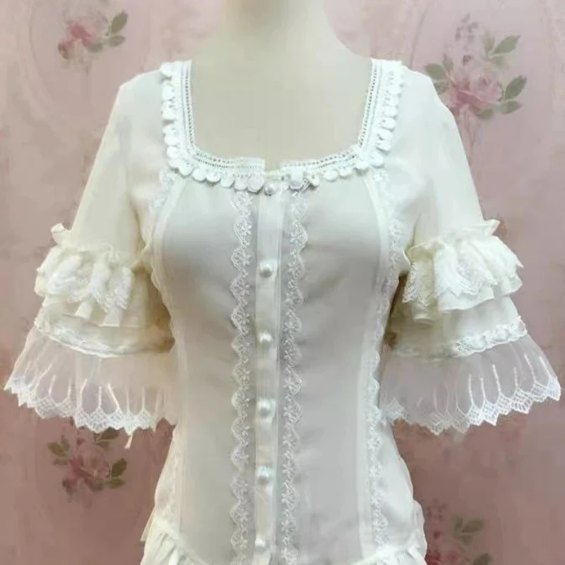 Elegant Y2K Vintage Lolita Style Blouses Women Square Neck Lace Half Flare Sleeve Shirt Female Sweet Fashion Button Tops New view 6