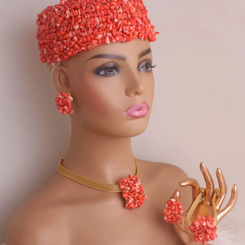 4ujewelry  Nature Coral African Jewelry Set With Hat Ring Earrings Bracelet Necklace 5 Pieces