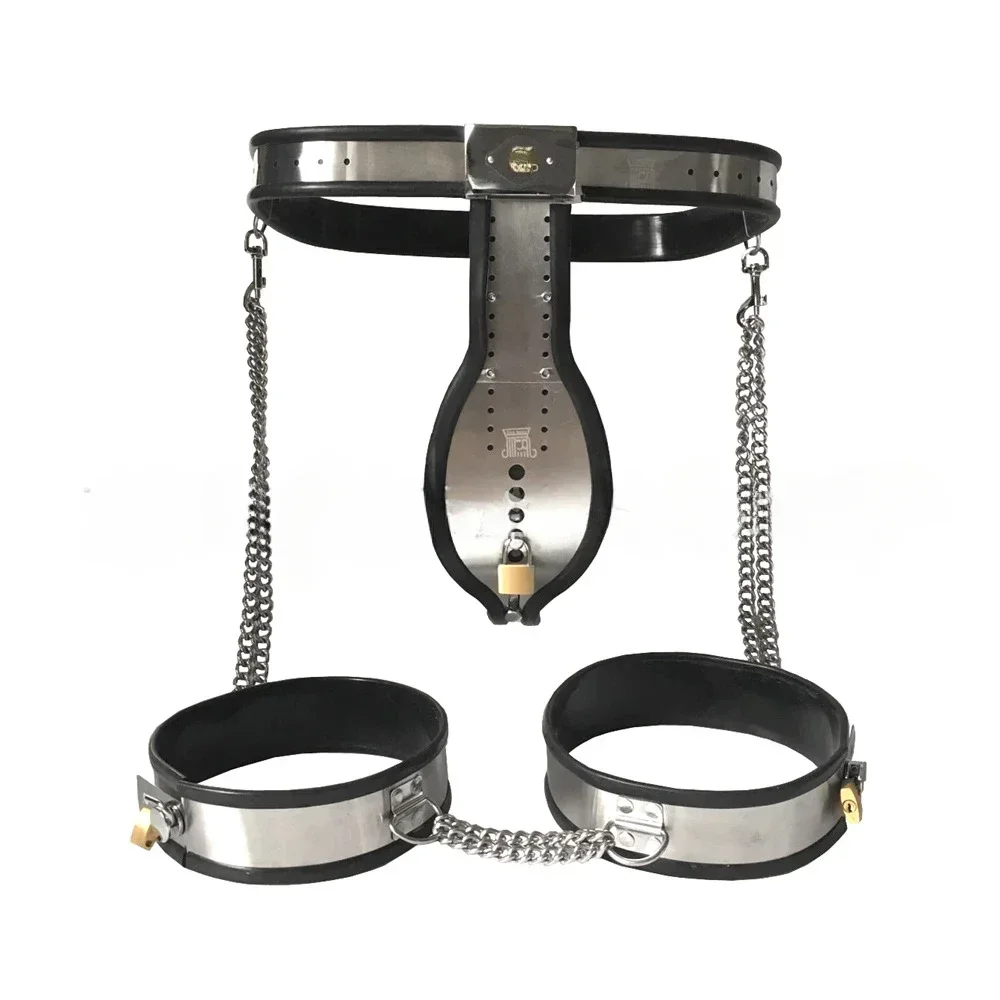 Stainless Steel Male Chastity Belt with Cock Cage Lock Cuffs Thigh Rings BDSM Bondage Set for Adult Men's Sex Toys