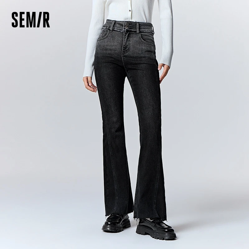 Semir Jeans Women High Waist Gradient Raw Edge Fleece Pants 2023 New Winter Fashion High Flared Pants