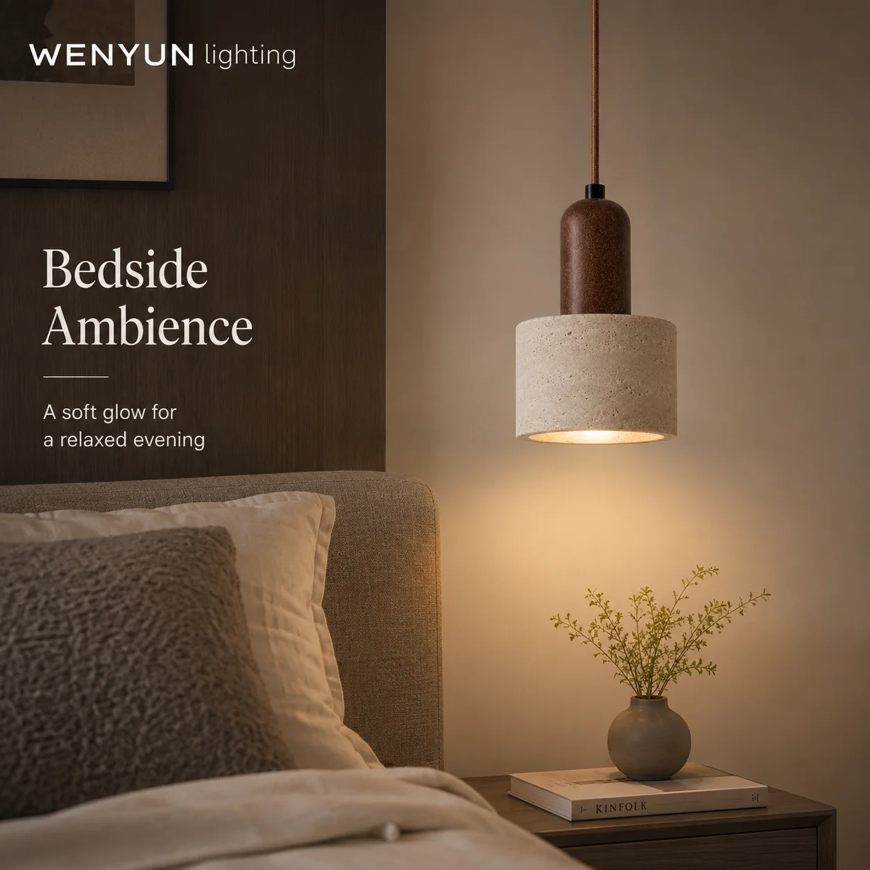 Yellow Travertine Pendant Lights Nature Stone Wood Hanging Lamps for Bedroom Bedside Restaurant Kitchen Island
